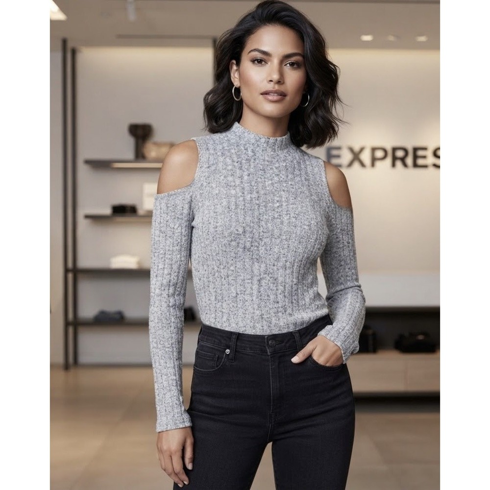 Express Women's Petite Small Gray Long Sleeve Cut Out Shoulder Knit Top